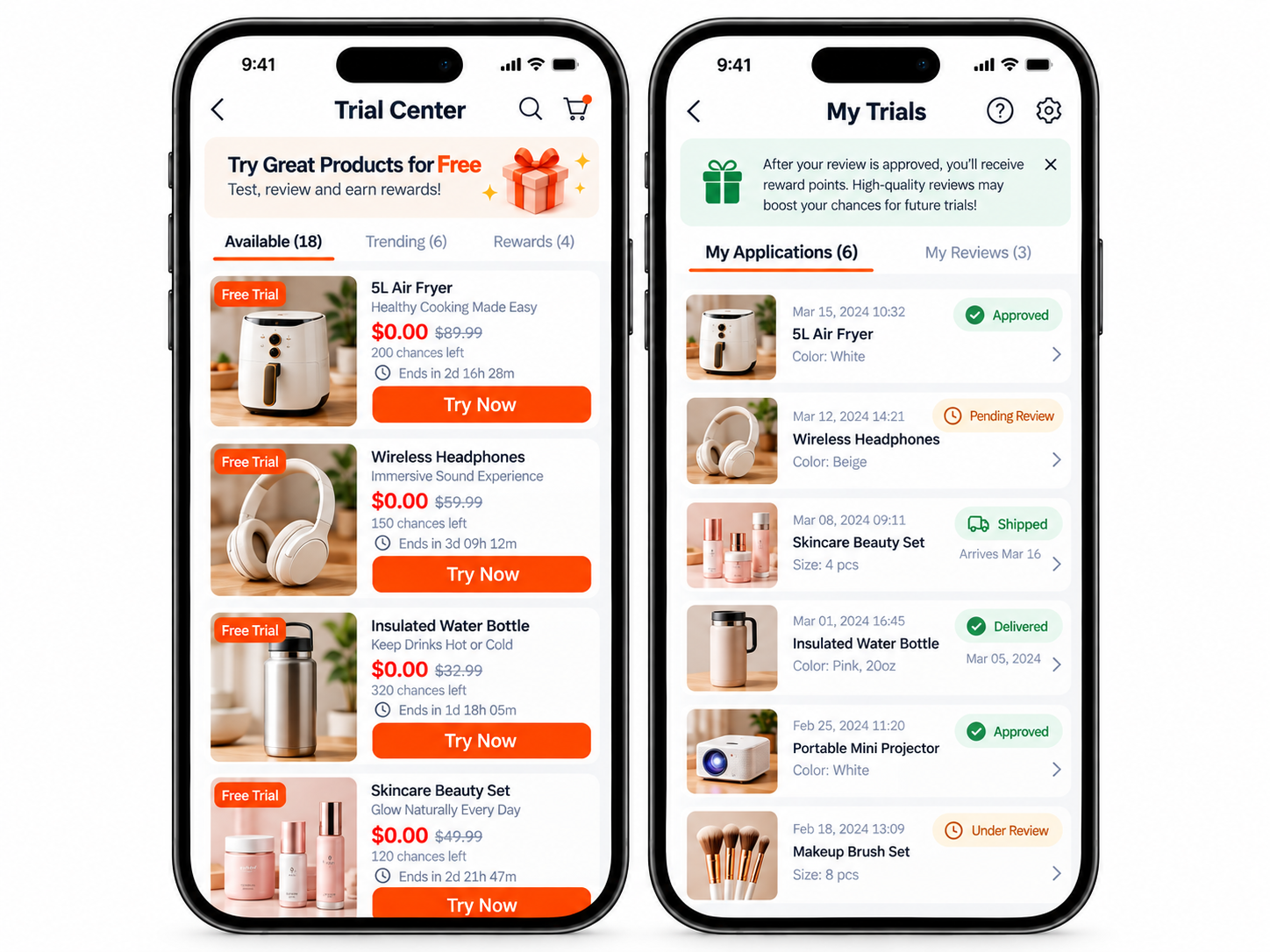 Two phone screens showing an illustrative product trial center and application status list