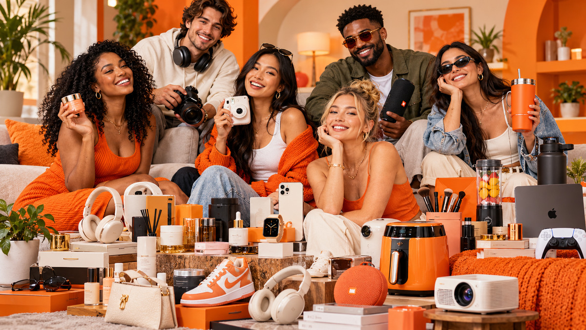 A group of creators displaying fashion, beauty, and technology products in a bright orange setting